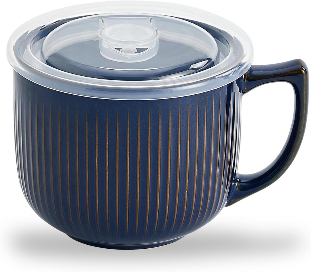 Ceramic Soup Bowl with Handle 32oz  Microwave Ramen Bowl with Lid, Soup Mugs & Cups for Cereal, Oatmeal, Ramen, Instant Noodle, Soup Container with Lid - (Vintage Blue)