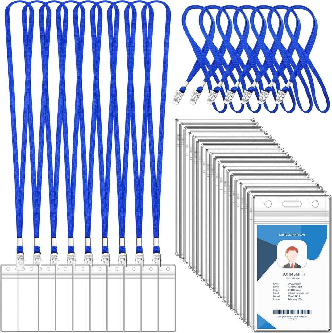100 Sets Lanyards for Id Badges and Clear Plastic Vertical Name Badge ID Card Holders, Flat Neck Lanyards with Clip Waterproof Resealable Name Tag Badge ID Card Holders, Blue