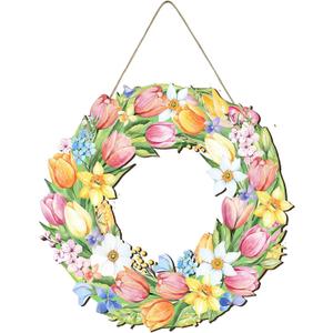 Tulip Wreath for Front Door 12'' Wooden Spring Door Sign,Rustic Floral Spring Front Door Decor for Easter Home Porch Wall Windows