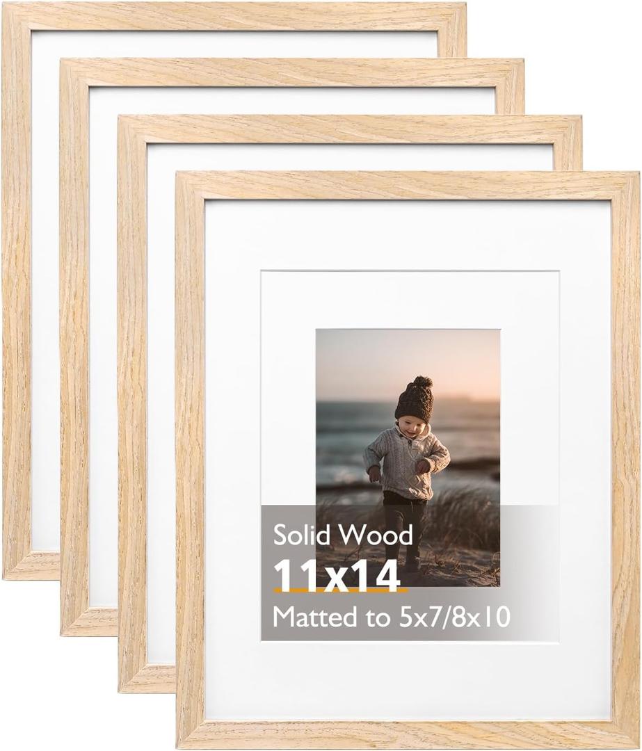 KINLINK 11x14 Picture Frame Natural, Solid Wood Frames 14x11 with Acrylic Plexiglass for Pictures 5x7/8x10 with Mat or 11x14 without Mat, Tabletop and Wall Display Photo Frame Set of 4 KINLINK 11x14 Picture Frame Natural, Solid Wood Frames 14x11 with Acrylic Plexiglass for Pictures 5x7/8x10 with Mat or 11x14 without Mat, Tabletop and Wall Display Photo Frame Set of 4
