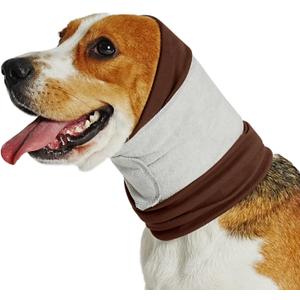 Dog Calming Hoodie for Anxiety Relief, Noise Cancelling, Triple-Layer Ear Muffs Protection Wrap with Silent Velcro; Essential During Grooming, Thunder, Fireworks or Hematoma (Brown,S)