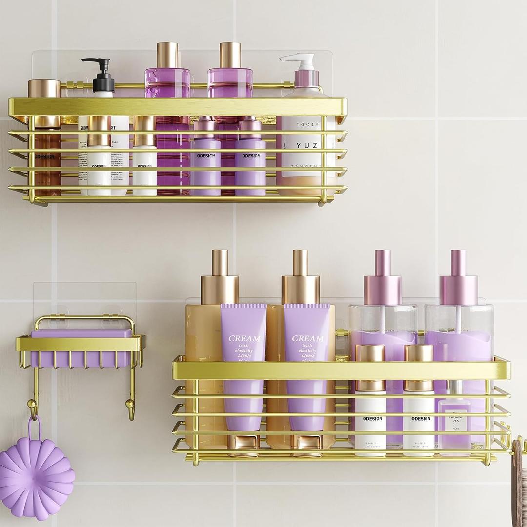 ODesign Shower Caddy 3 Pack SUS304 Stainless Steel-No Drilling-Shower Bathroom Shelves Rack,Rustproof Wall Mounted,Adhesive Shower Shelf Basket Organizer-Golden