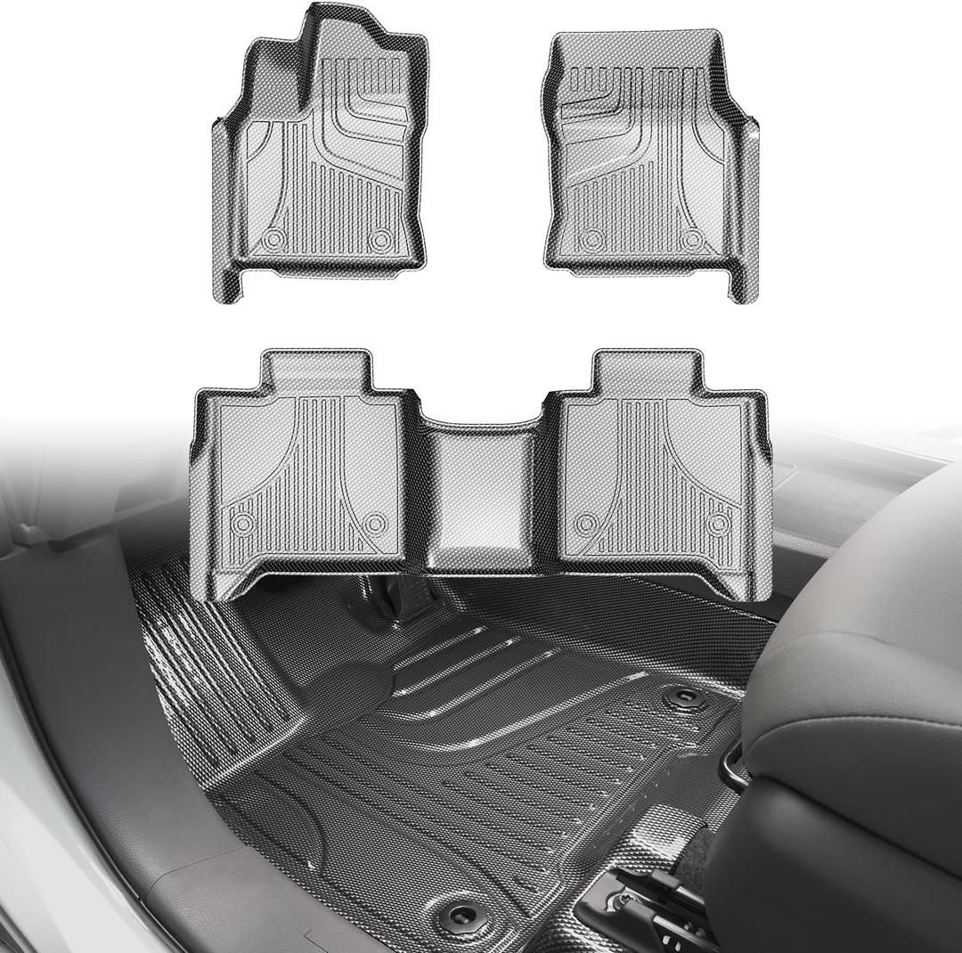 Carbon Fiber Pattern Floor Mats for Toyota Tundra 2022-2025 2026 CrewMax (Include Hybrid) All Weather Protection Floor Liners 1st & 2nd Full Set Car Mats, Silver