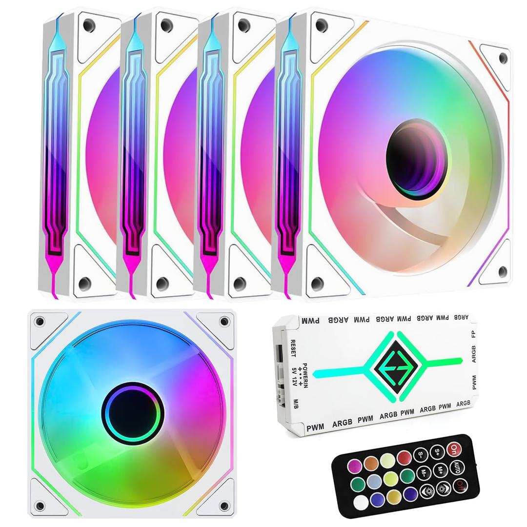RGB Fans:5pack 120mm PWM ARGB Case Fan with Fan Hub and Remote,Speed Control,PWM Control Fan for Computer Case and Liquid Cooling System,White