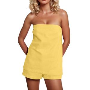 MISSACTIVER Women’s 2 Piece Lounge Set Linen Strapless Tube Top Backless Side Slit Button Casual Matching Shorts Sets, Size: Medium