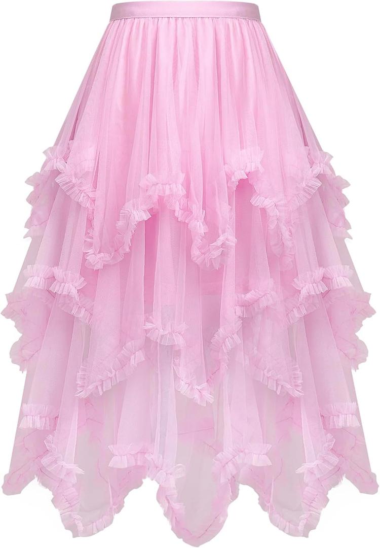 C-ZOFEK Women's Tulle Skirt, High Low Ruffle Layered Fairy Skirt for Dress Costume(Multicolor) (Pink)
