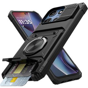 Vofolen for Motorola Moto G 5G 2025 Case with Card Holder [Store 2 Cards] + 360 Magnetic Rotated Ring Kickstand Dual Layer Heavy Duty Shockproof Wallet Phone Case for Moto G 5G 2025, Black