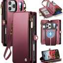 Defencase for iPhone 17 Pro Max Magnetic Wallet Case Compatible with Magsafe with RFID Blocking Zipper & Card Holder for Women Men PU Leather Strap Detachable Case for iPhone 17 Pro Max 6.9", Wine Red