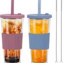 2 Pack Reusable Boba Tea Cups, 24oz Iced Coffee Cup with Straw and Lid, Leakproof Clear Plastic Cups Tumbler, Double Wall Insulated Smoothie Tumbler, Wide Straw for Bubble Tea, Pink and Blue (Grey Blue and Ash Rose)