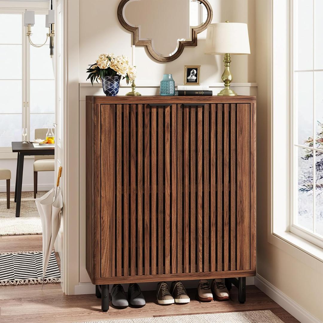 Tribesigns 6-Tier Shoe Cabinet with Shutter Doors, Large Wooden Shoe Organizer Rack with Adjustable Shelves, Modern Farmhouse Hidden Storage Furniture for Entryway, Hallway (Walnut)