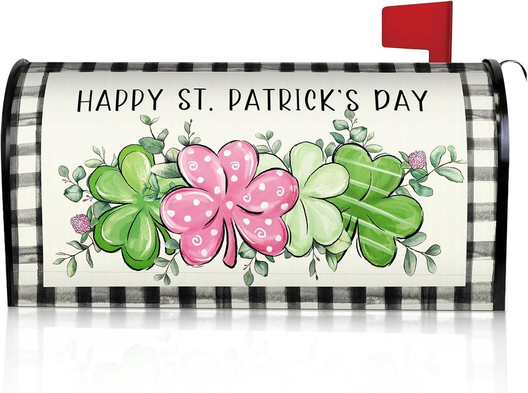 Bucherry St. Patrick's Day Magnetic Mailbox Cover Shamrock Clovers Magnetic Post Box Wrap Standard 21x18 in Waterproof Saint Patrick's Day Mailbox Cover Lucky Four Leaves Holiday Outdoor Decoration