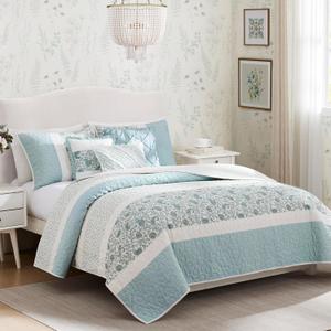 Madison Park 100% Cotton Quilt Set Floral Print, Double Sided Stitching, All Season, Lightweight Coverlet Shabby Chic Bedding Layer, Matching Shams, Full/Queen, Light Teal 6 Piece,Aqua