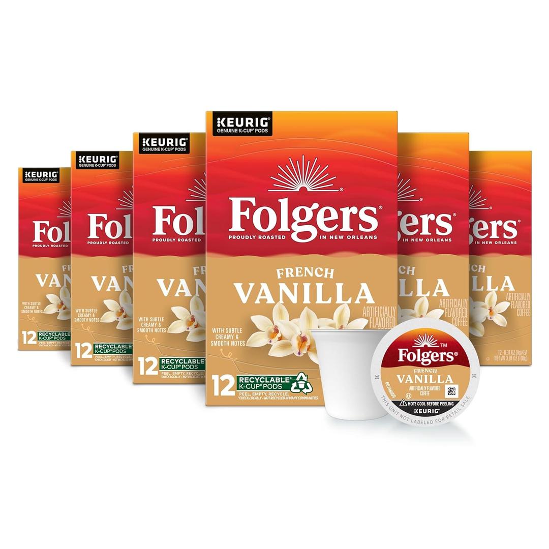 Folgers French Vanilla Flavored Coffee, 72 Keurig K-Cup Pods (Packaging May Vary) (12 Count (Pack of 6)) BB Date Nov 02 2025