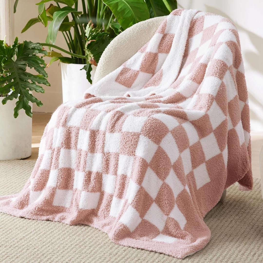 Bedsure Fall Throw Blanket for Couch - Super Soft, Cozy & Warm Knit Checkered Blanket, Breathable, Lightweight & Fluffy for Bed & Sofa, Gentlesoft Pink, 50x60 Inches