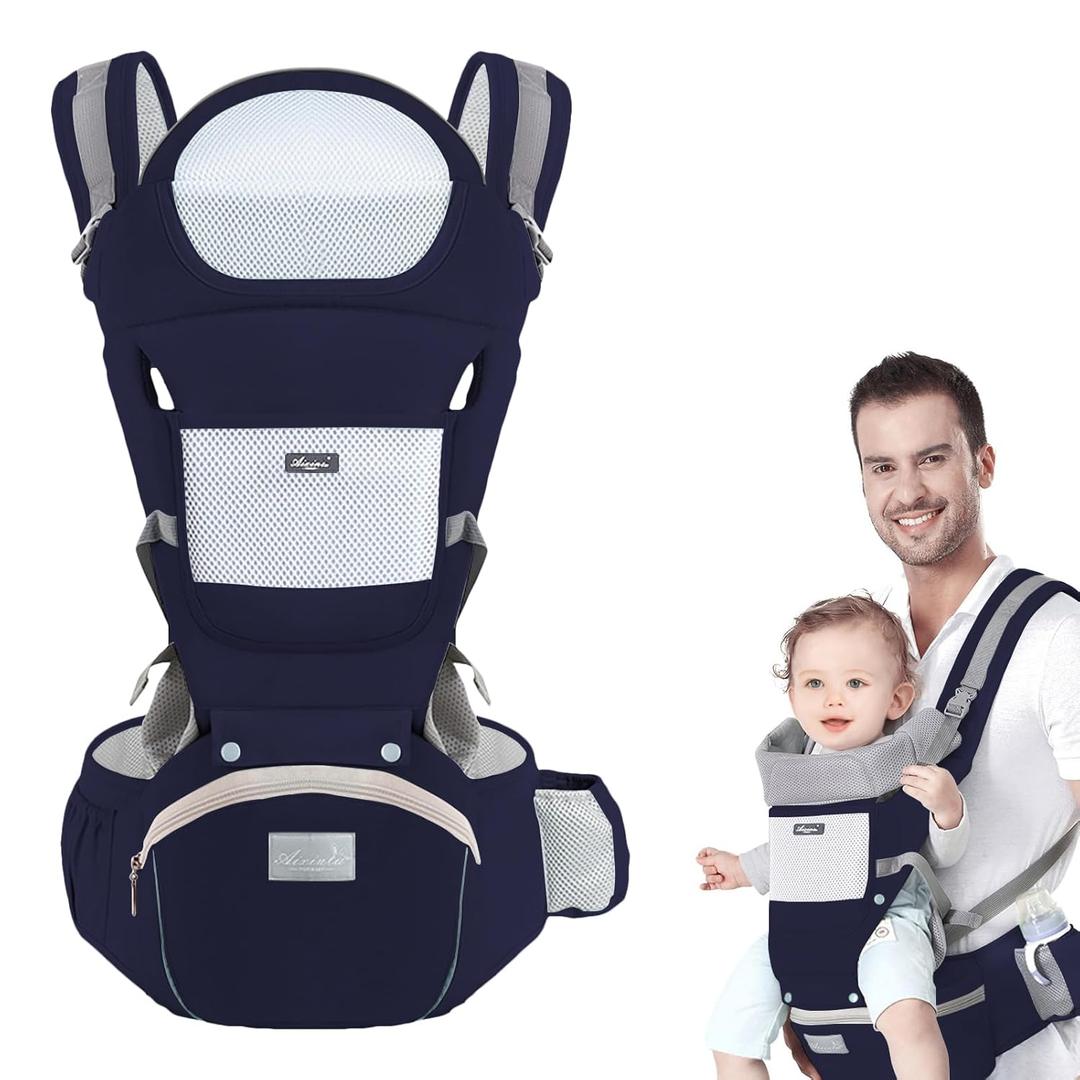 Baby Carrier with Hip Seat, Multi-Functional 9 in 1 Baby Wrap Carrier Newborn to Toddler for All Seasons Ergonomic Baby Sling Carrier Hands Free Baby Backpack Carrier 7-45 lbs (Blue)