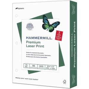 Hammermill Premium Laser Print 8.5-inch x 11-inch 3-Hole Punched Multipurpose Paper, 24 lbs., 98 Brightness, 500 Sheets/Ream (107681)
