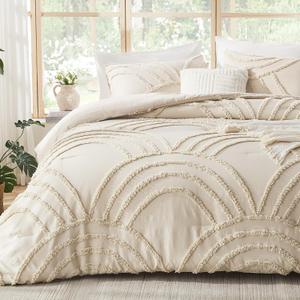 ENJOHOS Boho Queen Comforter Set Beige Tufted Rainbow Bedding for Queen Size Bed, Boho Chic Decor, 3 Pieces Lightweight Fluffy Soft Microfiber Cream Comforter with 2 Pillow Cases for All Season