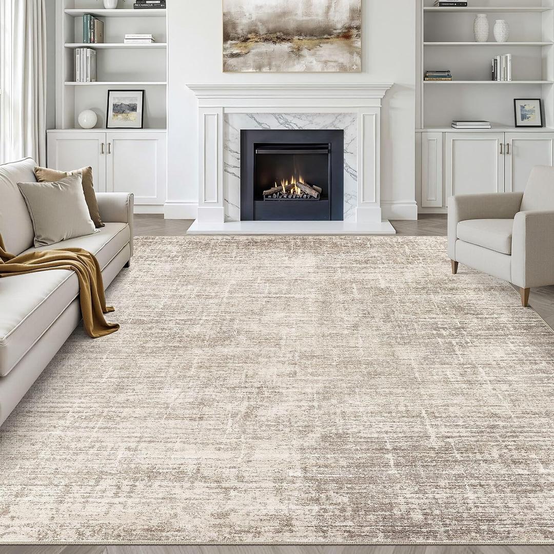 9x12 Area Rug Living Room: Washable Large Neutral Brown Rugs Abstract Soft Modern Stain Resistant Indoor Floor Non-Slip Carpet for Bedroom Nursery Kids Office Playroom Dining Room Under Table Home