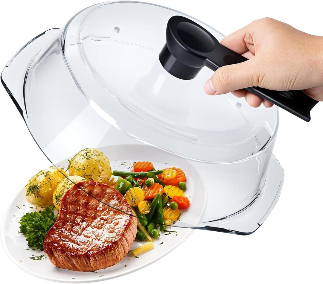 Glass Microwave Splatter Cover, Microwave Cover for Food with Standup Handle, Dishwasher Safe, Food Safe, Clear Microwave Plate Splatter Guard Lid with Vent Hole, House Essentials for Gift, 9.5inch