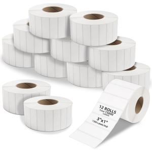 3" x 1" Direct Thermal Labels, 1300 Labels/Roll, Commercial Grade, Permanent Adhesive, Compatible with Most Thermal Printers(12 Rolls)