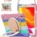 for iPad 10.2 Case 9th Generation 2021 / 8th Gen 2020 / 7th 2019,Shockproof Kids Case with Screen Protector,Rotating Stand/Pencil Holder/Shoulder Strap for iPad 10.2 Inch - Colourful Pink