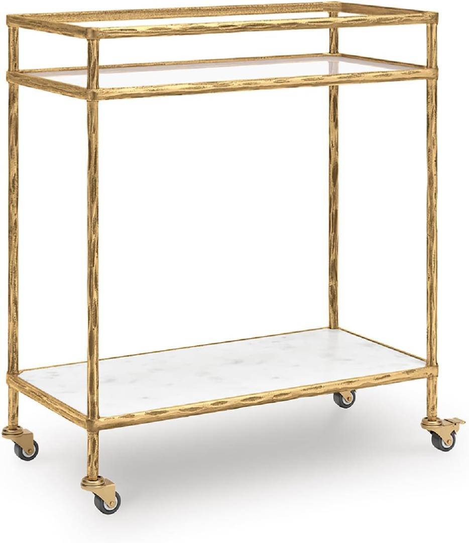 Signature Design by Ashley Plattfield Casual Antiqued 2-Tier Bar Cart with Casters, for Kitchen and Dining Room, Metallic & White (Antique Gold Finish)