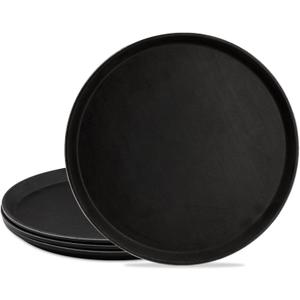 TOPZEA 4 Pack Plastic Server Tray, 14 Inch Round Serving Tray Restaurant Serving Tray Non-Slip Bar Tray Cafeteria Tray for Eating, Cafe Tray for Coffee Table, Black, with Non-Skid Rubber Lined
