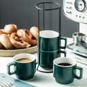 Stackable Coffee Mugs Set of 4 with Holder Spoons 11oz Ceramic Cappuccino Cups for Espresso Latte Tea Drinks, Dishwasher & Microwave Safe, Green