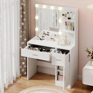 Yongchuang White Makeup Vanity with Drawers and Cabinet, Vanity Desk with Mirror and Lights Dressing Table for Bedroom