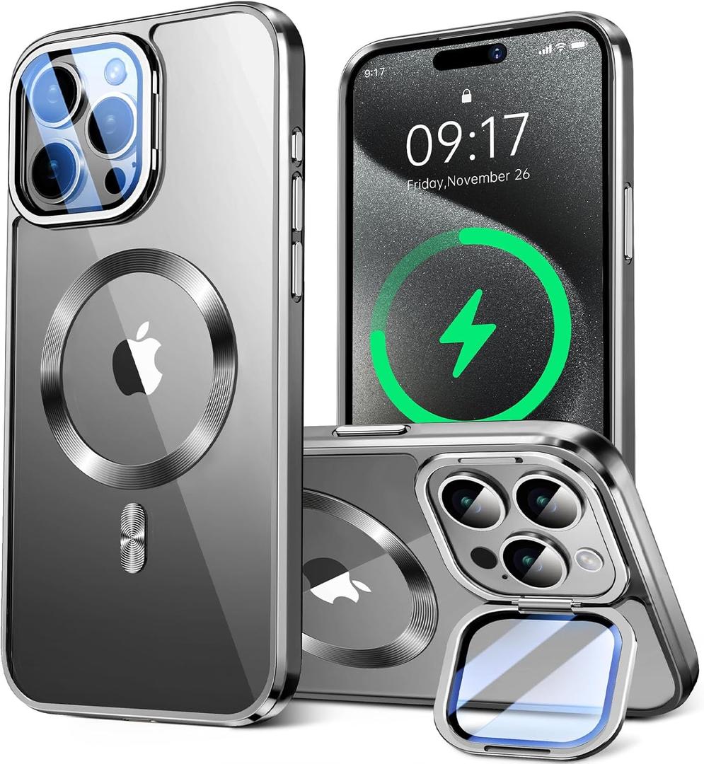 for iPhone 15 Pro Max Case Compatible with Magsafe Accessories,Stash Stand 9H Lens Protection,Slim Phone Case Military-Grade Shock Anti Yellowing Transparent Case 6.7-Grey