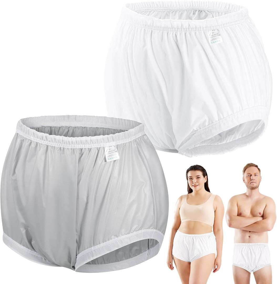 2PCS Carer Adult Diaper Covers for Incontinence Noiseless Reusable Waterproof Underwear Designed to Go On Top of/Together with Diapers & Briefs as Added Leak Resistance Pull-On-Cover Pant (2X-Large, White-beige)