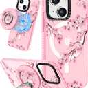 for iPhone 15 Plus Case for Women - Girls Kawaii Design Compatible with Magsafe Magnetic Ring Holder Stand Peach Blossom Phone Covers Aesthetic Girly TPU Funda for 15 Plus