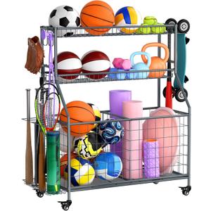 WUC Sports Equipment Garage Organizer - Garage Ball Storage Rack with Basket, Hooks and Rolling Cart for Sports Gear and Toy Storage, Grey