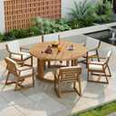 Merax 7 Pieces Outdoor Dining Set for 6 People, Acacia Wood Patio Furniture Sets with Round Table and Six Cushioned Chairs for Backyard, Garden, Lawn, Poolside, Tabletop with Umbrella Hole, Light Teak