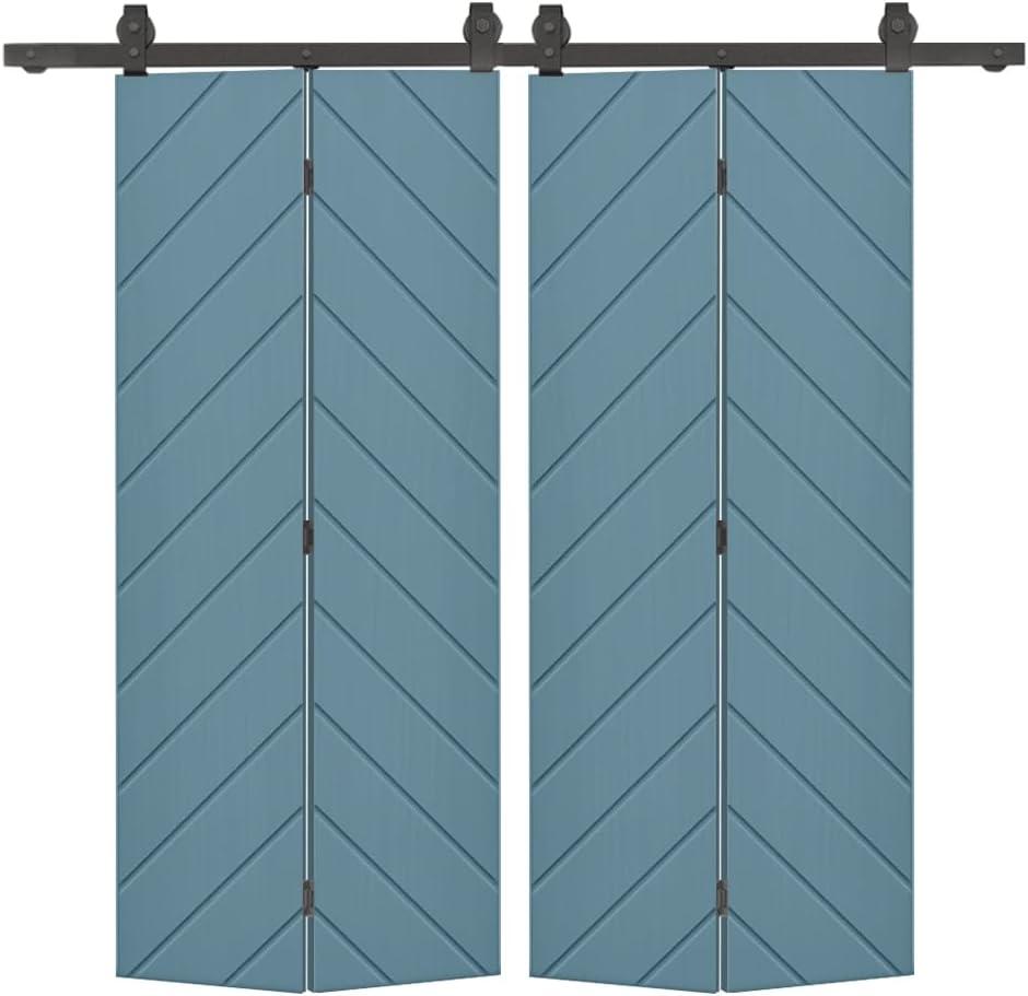Herringbone 40 in. x 80 in. Dignity Blue Painted MDF Modern Bi-Fold Double Barn Door with Sliding Hardware Kit
