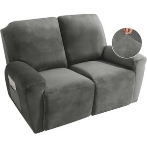 MAXIJIN Recliner Loveseat Slipcover, 6 Pieces Stretch Velvet Reclining Sofa Cover, 2 Seater Love Seat Recliner Couch Cover, Thick, Soft, Washable Furniture Cover (Loveseat Recliner, Gray) (Grey)