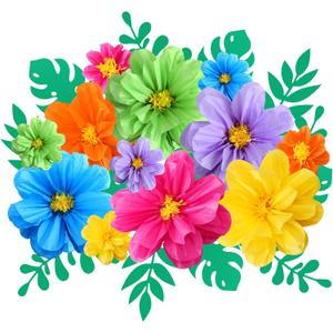 Geyee 12 Pcs 10" 20" Giant Mexican Fiesta Paper Flowers and 16 Pcs Leaves, Large Colorful Tissue Crepe Flowers Pom Poms Craft for Floral Backdrop Easter Wedding Birthday Party Decor(Cute Color)