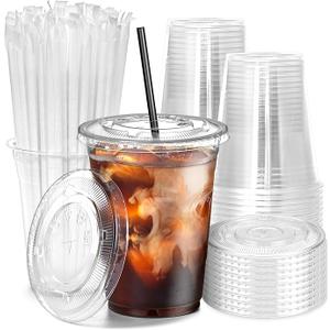 Plastic Cups, Lids, Straws, 16oz,70 pcs