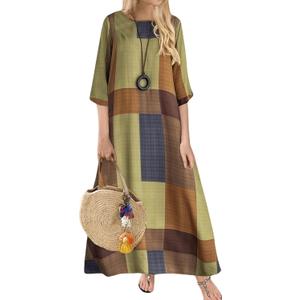 Women's Vintage Geometric Print Maxi Dress Color Block Plaid Design Crew Neck 3/4 Sleeve Loose Fit Long Dresses (Medium)