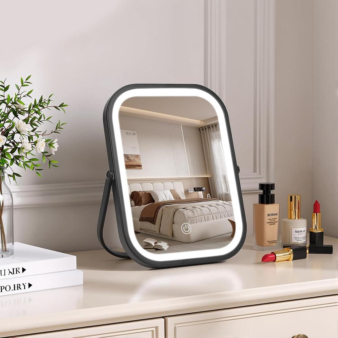 Rechargeable Travel Makeup Mirror, 8"6" Small Vanity Mirror with Lights, 1500mAH Battery, 3-Color Lighting, Dimmable, 360 Rotation, Portable Desk Mirror with Storage Pouch, Travel Essentials (Black)