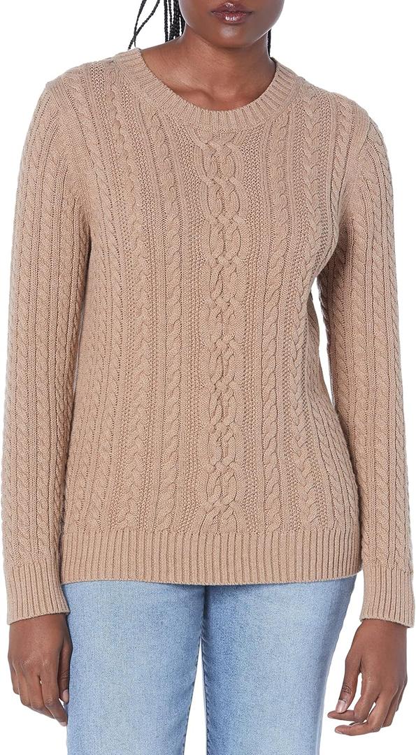 Amazon Essentials Women's Soft Fisherman Cable Knit Long-Sleeve Crewneck Sweater (X-Large, Camel Heather)