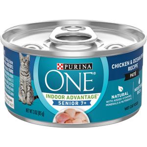 Purina ONE Senior Wet Cat Food, Vibrant Maturity 7+, 24 Pack 3 oz Cans | Grain free, chicken and whitefish pate recipes made with no artificial colors, flavors or preservatives for adult cat (EXP 04/01/28)