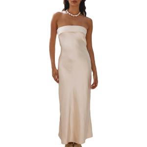 Realtix Satin Silk Backless Tube Tops Maxi Dress for Women Low Back Hollow Out Elegant Strapless Long Dresses Wedding Guest (Small, Champagne)