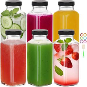 BIGIVACA 12 oz Glass Juice Bottles with Lids,6 PACK Bottles for Juicing,Square Drinking Jars Glass for Coffee,Cola,Milk,Tea in Travel,Work,School