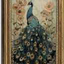 Vintage Gold Framed Peacock & Poppy Canvas Wall Art-16x24 inch | Bird Floral Picture Wall Decor Poster Print Artwork for Bedroom Living Room Home Decoration