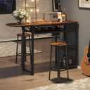 Bestier Bar Table and Chair Set, Expandable Dining Table with 2 Bar Stools, Industrial Kitchen Counter with Wine Rack & 3 Tier Adjustable Storage Shelves Rustic Brown