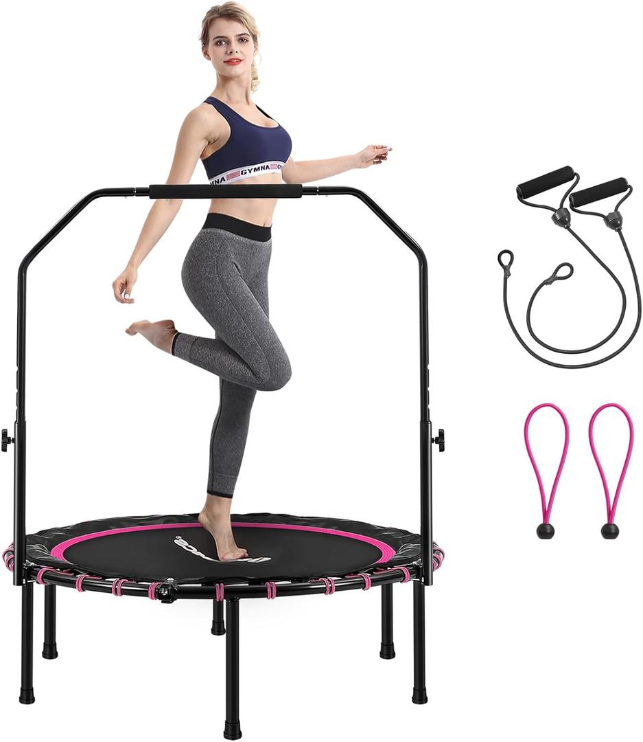 SONGMICS 40 Inches Mini Fitness Trampoline, Fitness Rebounder with Adjustable Handrail, Foldable Trampoline for At-Home Workout, Max. Load 264.6 lb (40Dia. x 11.8H (102 x 30 cm), Pink + Black)