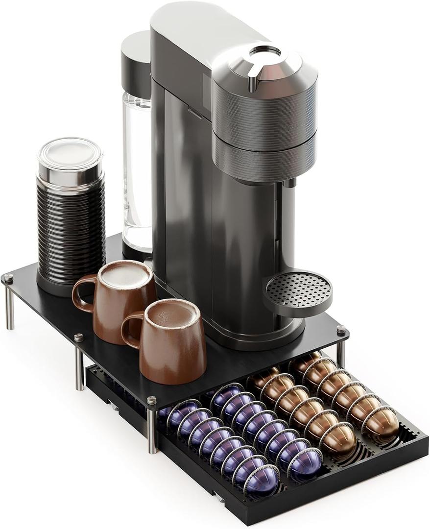 SpaceAid Bamboo Coffee Pod Holder Drawer Storage Compatible with Nespresso Vertuo Capsules, Coffee Station Accessories Holder Organizer Tray Compatible with 40 Big or 56 Small Pods, Black