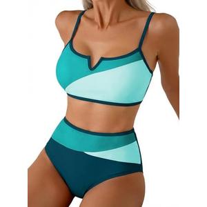 Herseas Women's High Waisted 2 Piece Bikini Sets V Wire Beach Summer Popular Swimsuits Colorblock Trim Swim Bathing Suit XL