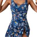 One Piece Swim Dress Swimsuits for Women Tummy Control Swimdress Skirt V Neck Bathing Suit (Small)